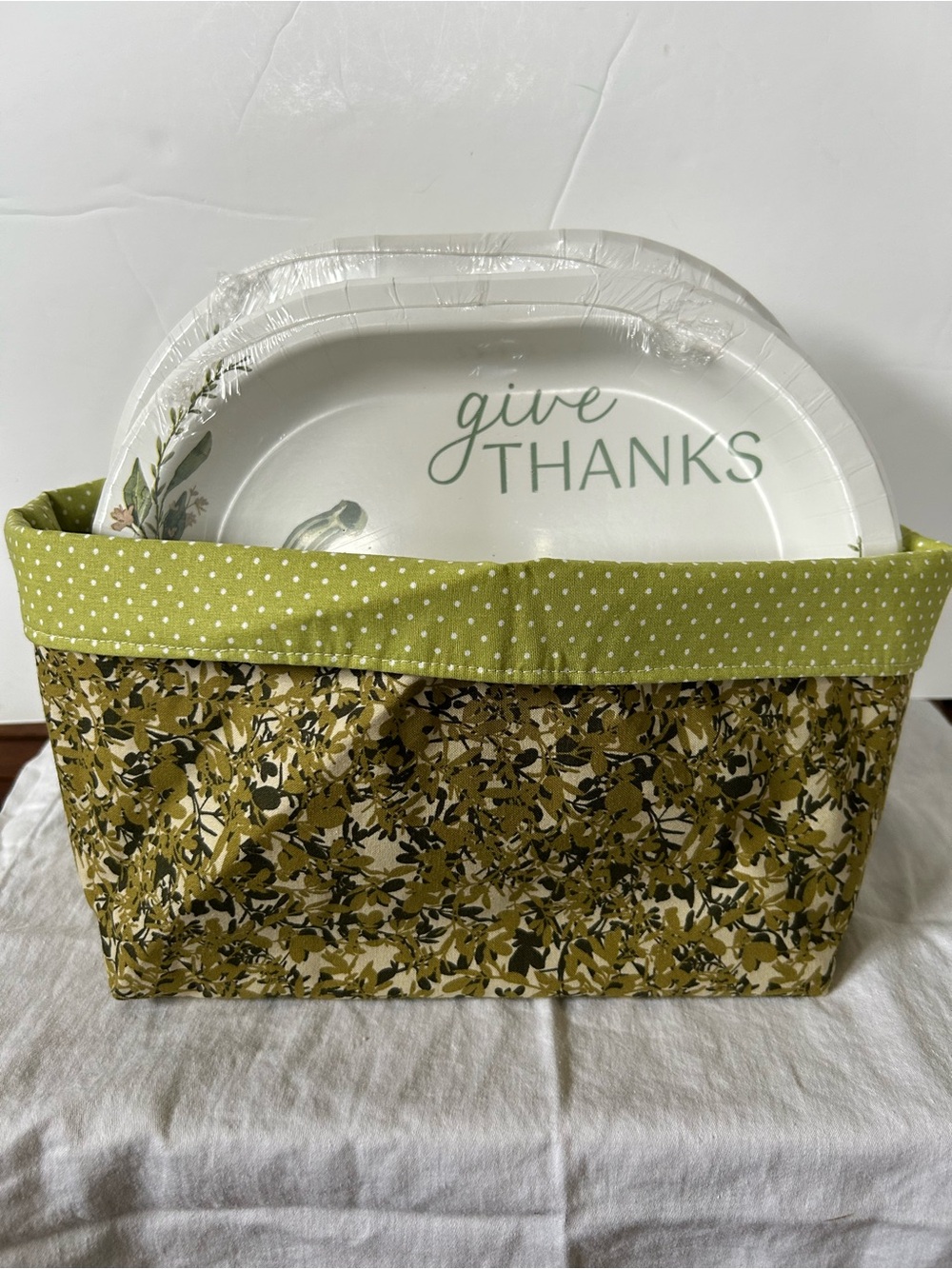 Green Floral Fabric Basket with Paper Plates